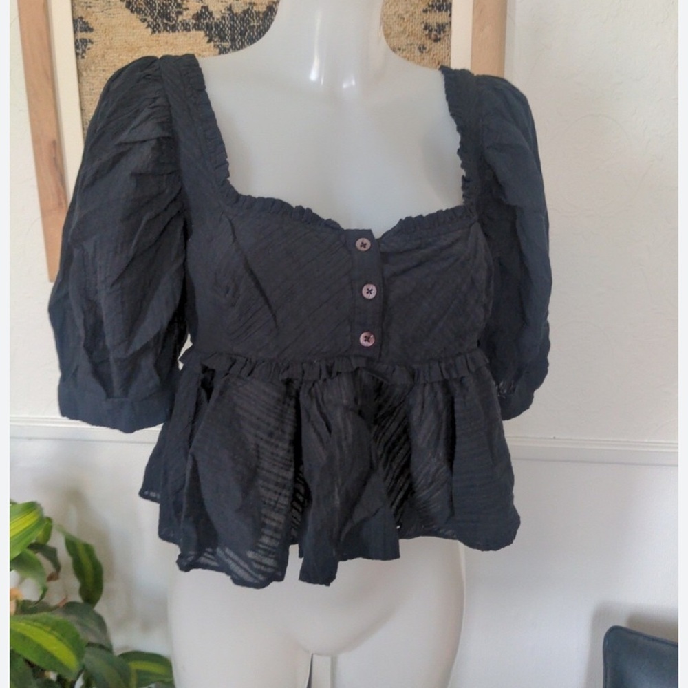 Free People Black Button-Front Puff Sleeve Peplum Top